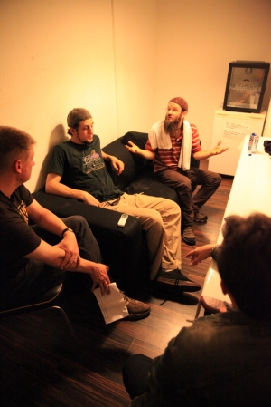 Groundation's Harrison and Marcus talking to Pete and Sven after their show in Cologne 